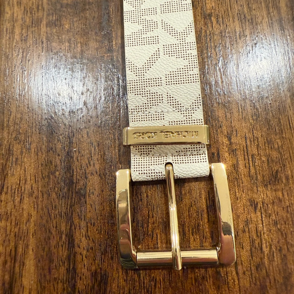 Michael Kors Cream and Gold Buckle Patterned Belt- Size Large
